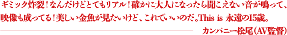 ギミック炸裂!なんだけどとてもリアル!確かに大人になったら聞こえない音が鳴って、映像も成ってる!美しい金魚が見たいけど、これでいいのだ。This is 永遠の17歳。 ―カンパニー松尾(AV監督)