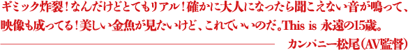 ギミック炸裂！なんだけどとてもリアル！確かに大人になったら聞こえない音が鳴って、映像も成ってる！美しい金魚が見たいけど、これでいいのだ。This is 永遠の17歳。 ―カンパニー松尾（AV監督）