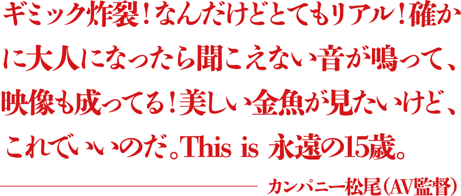 ギミック炸裂！なんだけどとてもリアル！確かに大人になったら聞こえない音が鳴って、映像も成ってる！美しい金魚が見たいけど、これでいいのだ。This is 永遠の15歳。 ―カンパニー松尾（AV監督）